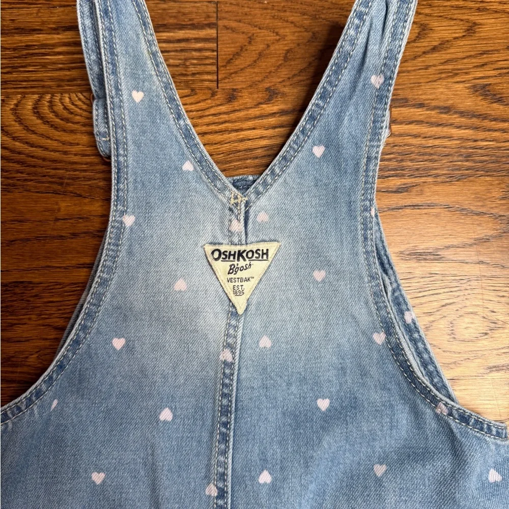 OshKosh B'gosh Girls Light Blue Denim Overalls Pink Hearts Prints Valentine’s 2T